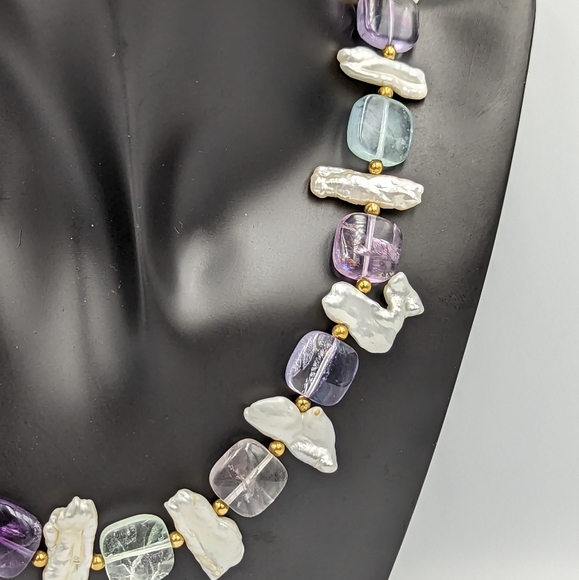 14K Gold Bead Keshi Pearl Fluorite Amethyst 14K Gold Clasp Collar Necklace 16" - Picture 6 of 13